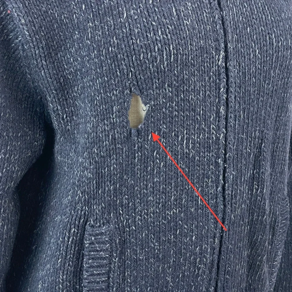 VTG 80s Mens (L) POLO Cardigan Sweater Blue Zip Pockets Grandpa Indie Distressed